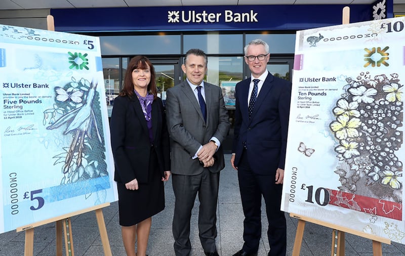 Les Matheson (centre), CEO, Personal Banking at RBS, launches Ulster Bank's newly designed bank notes at the bank's Andersonstown Road branch with Collete O'Hare, branch manager and Terry Robb, head of personal banking at Ulster Bank in Northern Ireland&nbsp;