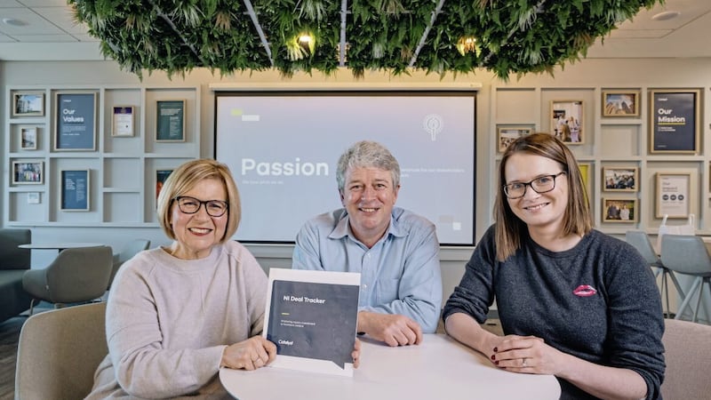 Catalyst&rsquo;s Elaine Smyth (left) and Kieran Dalton (centre), launch the NI Deal Tracker report with Pauline Timoney of Automated Intelligence, one of the firms which raised investment in 2022. 