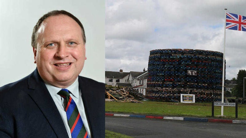 Ex-UUP MLA Adrian Cochrane-Watson later blamed The Irish News for tyres being used on this year&#39;s Ballycraigy bonfire 