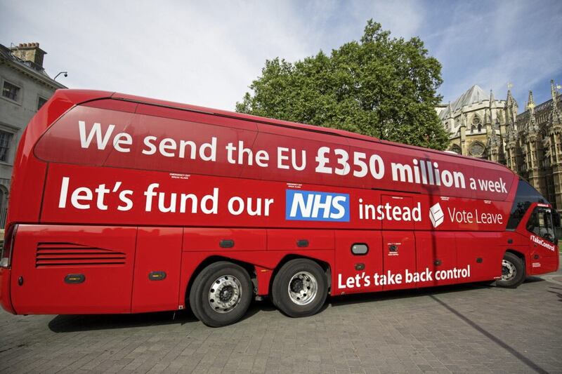 The much vaunted Brexit opportunities peddled during the referendum in 2016 have come to nothing. Pictured is the Leave campaign bus which falsely claimed the NHS would be £350 million a week better off if Britain left the EU