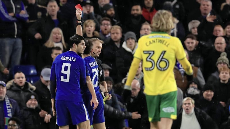Chelsea&#39;s Alvaro Morata is shown the red card by referee Graham Scott in extra-time of their victory over Norwich at Stamford Bridge 