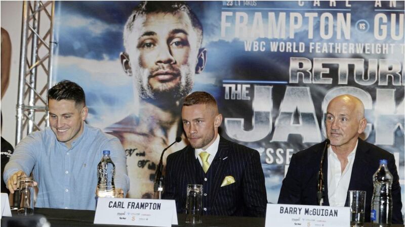 Carl Frampton with Shane McGuigan (left) and Barry McGuigan,. Frampton confirmed yesterday that he had split with Cyclone Promotions 