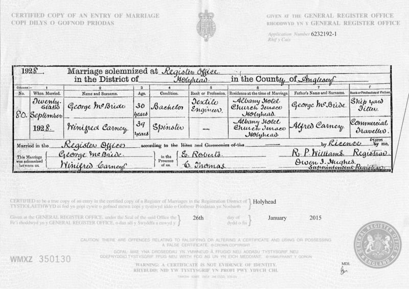 The marriage certificate of Winnie and George (author&#39;s collection) 
