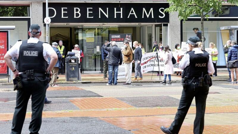 Debenhams workers from across the Republic gathered at the protest outside the Belfast store on Royal Avenue. Picture by Mal McCann 