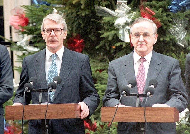 Former prime minister John Major and former taoiseach Albert Reynolds issue the Downing Street Declaration in 1993
