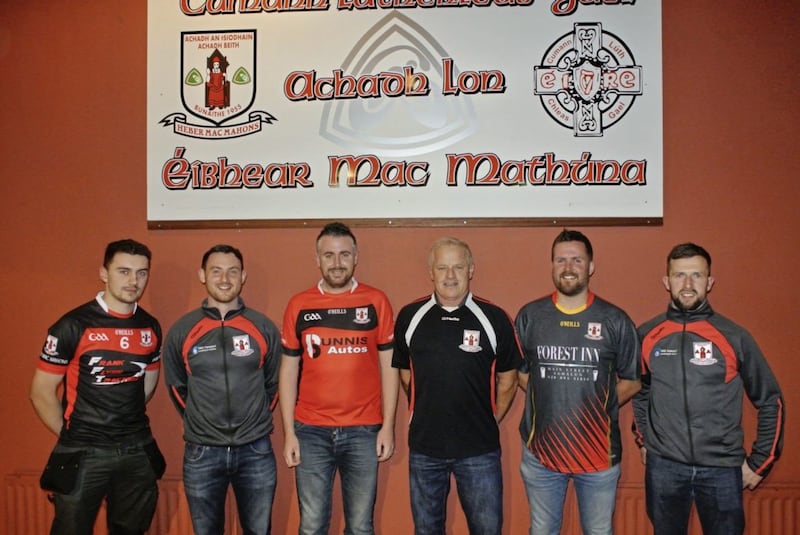 Brookeborough GAC new club gear. Pictured with club chairman Gerry Moane is pictured with home jersey sponsor Damien Moane (Bunnis Autos), away jersey sponsor  Martin Flynn (Flynn Tractors), training jersey sponsor Frank Green (Forest Inn), training top sponsors Micky and Sean Campbell (M&amp;S Campbell plumbing and heating) 