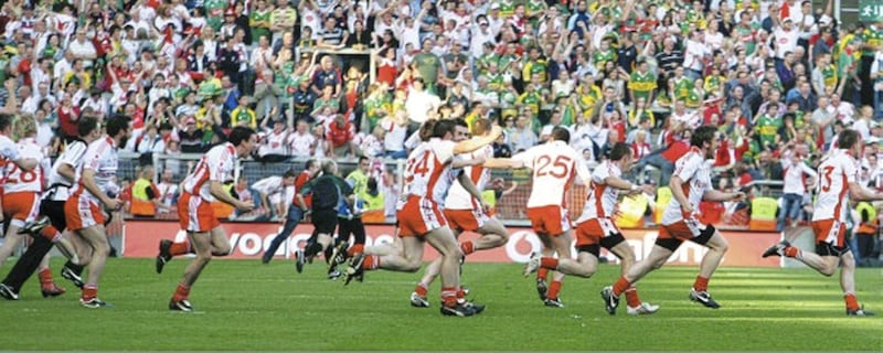 Tyrone players and fans celebrate after winning the All-Ireland Senior Football Championship final in Croke Park in September 2008  Picture by Colm O&rsquo;Reilly 