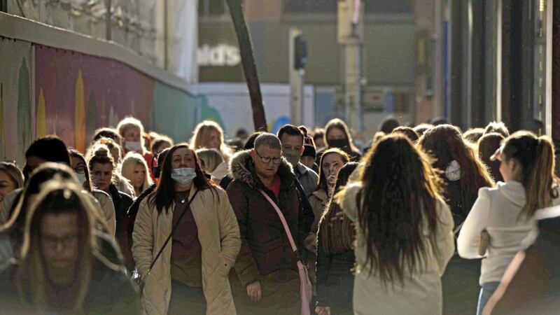 Shoppers in Belfast following the easing of lockdown restrictions. Photo: Mark Marlow/PA Wire. 