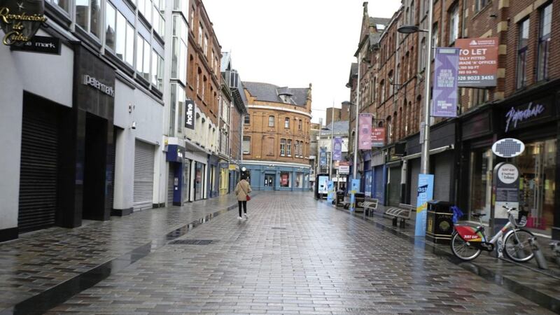QUIET STREETS: Footfall was down again in Belfast and across the north in March, new data shows. Picture: Hugh Russell 