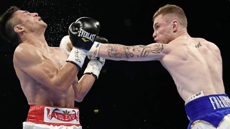 Pacemaker Press 18/11/17.Carl Frampton and Horacio Garcia during their ten round Featherweight contest  at the SSE Arena on Saturday evening.  Former Three-time World Champion Carl Frampton tops the bill on his highly-anticipated Belfast homecoming..Pic Colm Lenaghan/Pacemaker..
