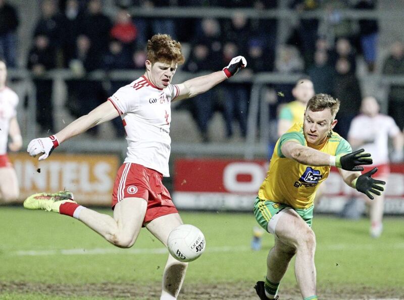 Dr McKenna Cup at the Athletic Grounds Armagh between Donegai and Tyrone  .17/02/2018.Tyrone Cathal McShane Donegal Eammonn Doherty   Last minute goal block.Pic Philip Walsh. 
