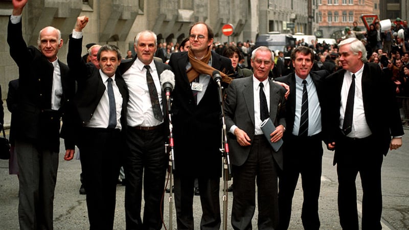Paddy Hill (second left) pictured as the Birmingham Six left prison after their release&nbsp;