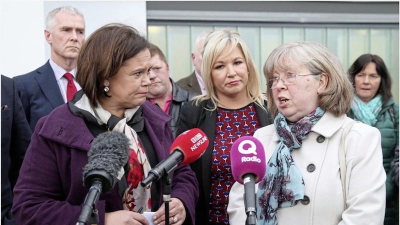 Sinn F&eacute;in leader Mary Lou McDonald and deputy leader Michelle O&#39;Neill with Marian Walsh who son was shot dead in 1993 talk to the press last night. Picture by Hugh Russell 