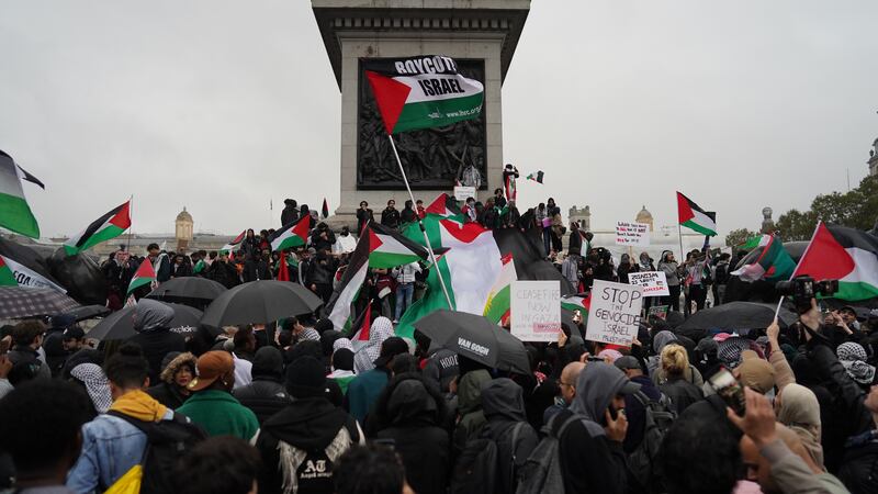 Protesters in Trafalgar Square, central London, during a pro-Palestine march (Stefan Rousseau/PA)