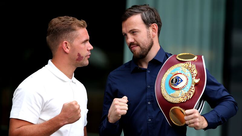 Billy Joe Saunders and Andy Lee, right, at yesterday&rsquo;s press conference at the Hilton Hotel in Manchester