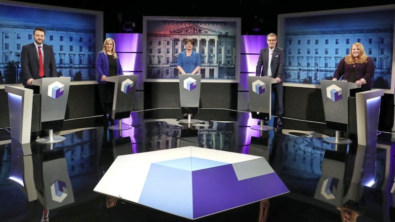 From left Colum Eastwood (SDLP); Michelle O&#39;Neill (Sinn F&eacute;in), Arlene Foster (DUP), Mike Nesbitt (UUP), and Naomi Long (Alliance) at the BBC Leaders&#39; Debate. Picture by William Cherry, Press Eye 