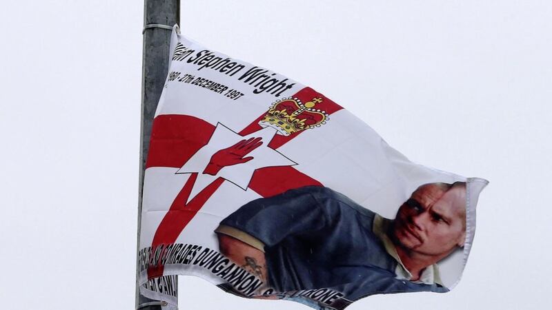 Flags with Billy Wright&#39;s image have been put up on a main road into Dungannon 