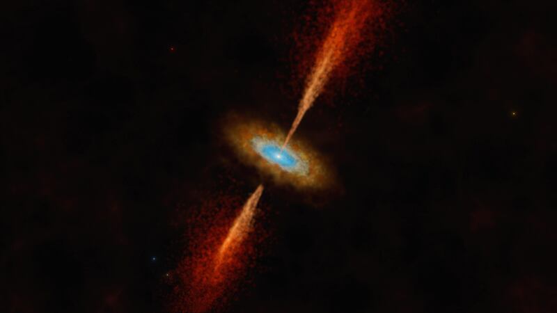 An artist’s impression shows the HH 1177 system, which is located in the Large Magellanic Cloud (ESO/M Kornmesser)