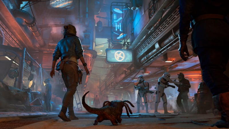 A scene from Star Wars Outlaws showing one of the forthcoming game's gritty, urban industrial settings