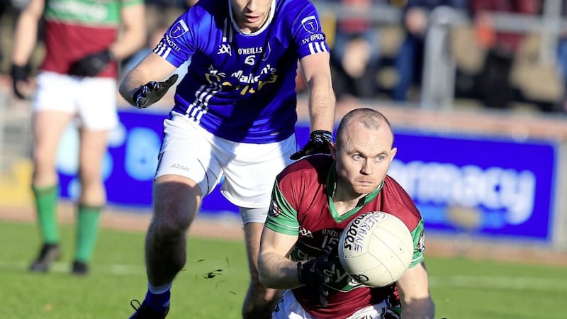 Donal Morgan battles for possession with Coleraine&#39;s Ciaran McGoldrick during Scotstown&#39;s Ulster semi-final victory at Healy Park last month. Picture by Philip Walsh 