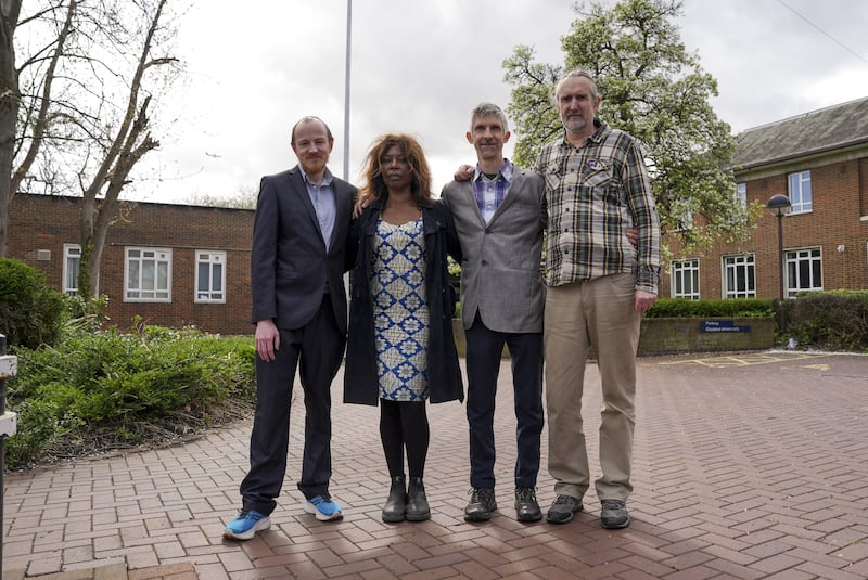 (left to right) Michael Lynch-White, Valerie Brown, Dr Larch Maxey and Roger Hallam outside Isleworth Crown Court