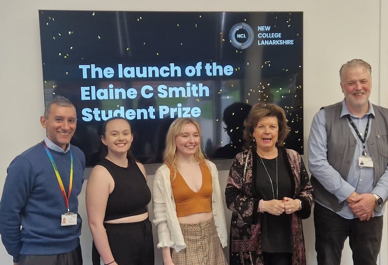 Elaine C. Smith with students and representatives of New College Lanarkshire.