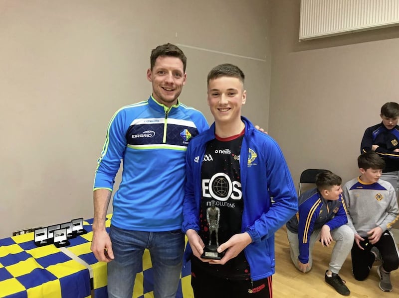 Above, Ronan Connor, a county U16 representative, receives a special award from Monaghan forward Conor McManus at St Patrick&rsquo;s, Saul&rsquo;s presentation night. Below, county U14 representatives Cathal Kinsella and John Mahoney also received special awards from the Farney star