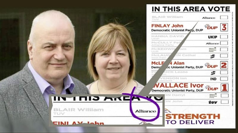 The DUP&#39;s Trevor and Linda Clarke, and inset, the mock ballot paper produced by AC Print which is being probed by police 