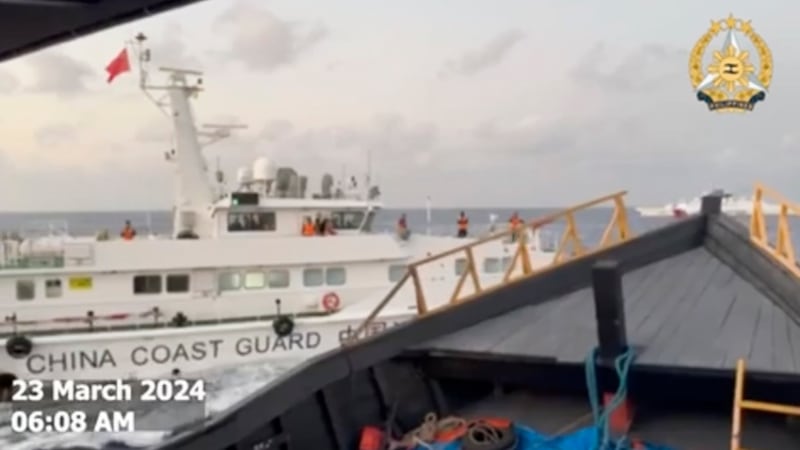In this screen grab from video provided by the Armed Forces of the Philippines, a Chinese coast guard ship tries to block a Philippine resupply vessel Unaizah May 4 as it approaches Second Thomas Shoal, locally called Ayungin shoal, at the disputed South China Sea (Armed Forces of the Philippines via AP)