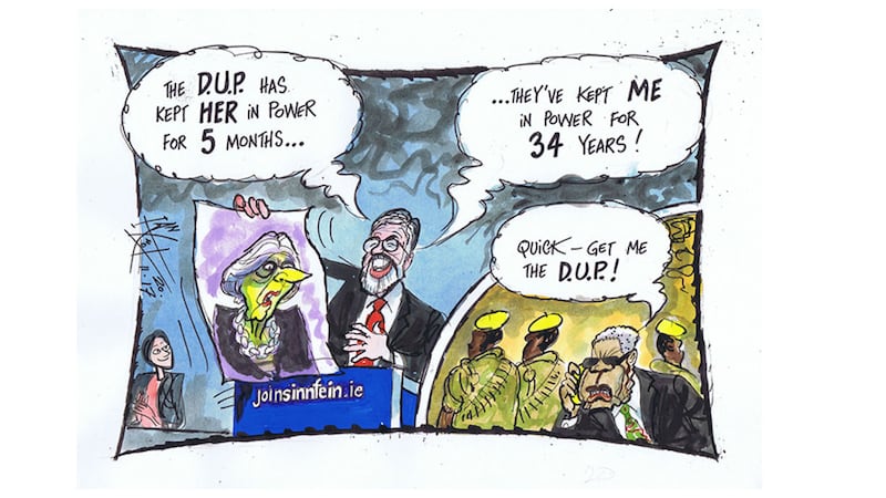 Ian Knox cartoon 20/11/17: Gerry Adams announces that he is going away you know. Robert Mugabe concedes that he is going away&nbsp;