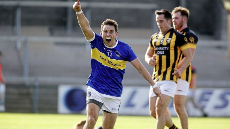 Maghery&#39;s Brian Fox celebrates scoring a goal en route to lifting the Gerry Fegan Cup in the Athletic Grounds after victory over Crossmaglen. Picture by Seamus Loughran 