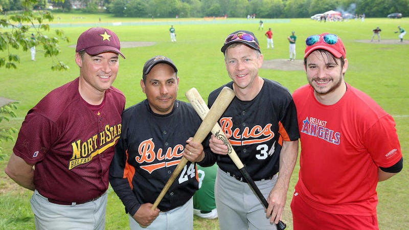 Sean Shackley, head coach with the Belfast Northstars baseball team, Jose Santos, head coach with Belfast Bucs baseball team, Dr Christopher Stange, Consulate of St Vincent and the Grenadines, and Johnny Craven, head coach with Angels Softball, at the opening of Northern Ireland's first dedicated baseball field, at Hydebank playing fields. Picture by Cliff Donaldson&nbsp;