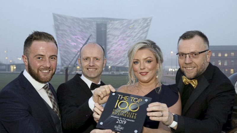 Pictured at the Top 100 Hospitality Business Awards are: Darrell Montgomery, Galgorm Resort &amp; Spa; Alain Kerloc&rsquo;h, OX; Rachael Eastwood, Guildhall Taphouse; and Mark Stewart, chair Hospitality Ulster. 
