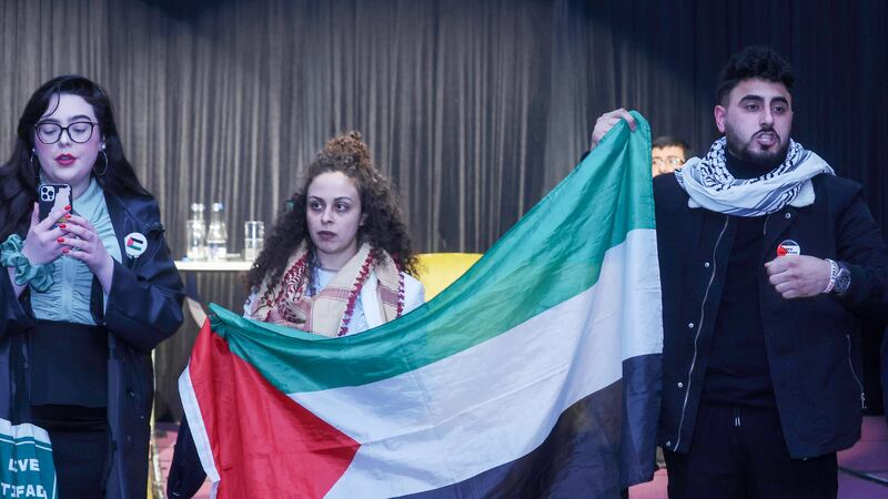 Several  Palestinian activists disrupt a Sinn Fein ‘Solidarity Rally for Palestine’ event in the Europa Hotel in Belfast on Wednesday night while the Palestinian Ambassador to Ireland Dr Jilan Wahba Abdalmajid was speaking. PICTURE MAL MCCANN.