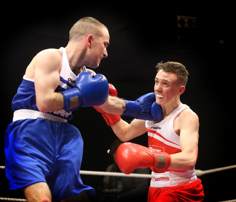 Brendan Irvine captured his first Irish elite title when he defeated Hughie Myers in the 2015 light-flyweight final at the National Stadium. Picture by Hugh Russell