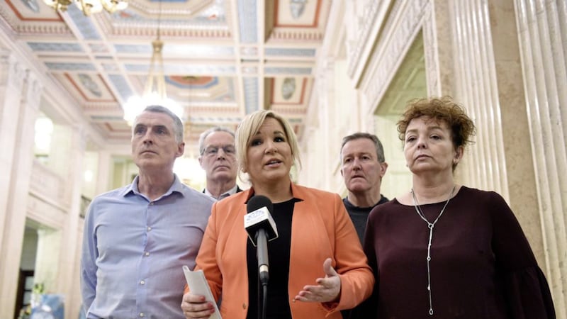 Sinn Fein's vice president Michelle O'Neill (centre) speaking at Parliament Buildings at Stormont in Belfast yesterday. Picture by Michael Cooper, PA Wire