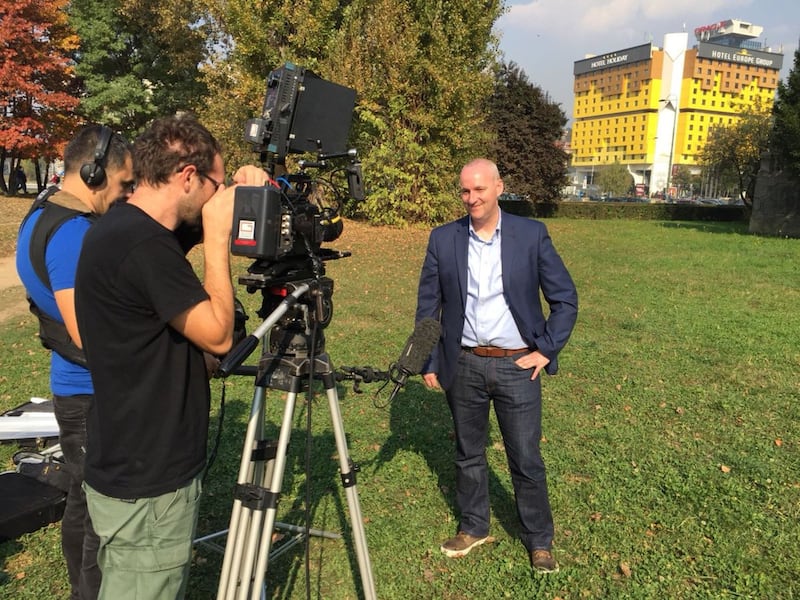 &nbsp;Kenneth Morrison filming for the War Hotels series at the former Holiday Inn in Sarajevo