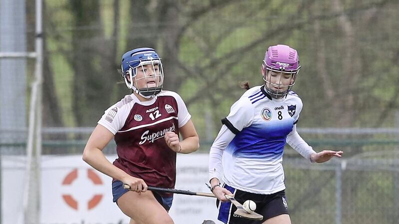 Orlaith Hull of St Patrick&#39;s College Maghera with Emma Joyce of Presentation College Athenry during the All Ireland Senior A semi-final match played at Swatragh on Saturday Picture: Margaret McLaughlin. 