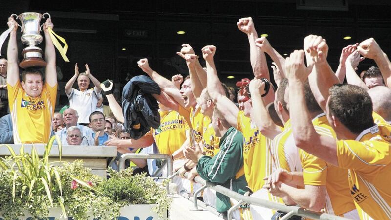 The Antrim footballers celebrate winning the Tommy Murphy Cup at Croke Park in 2008 