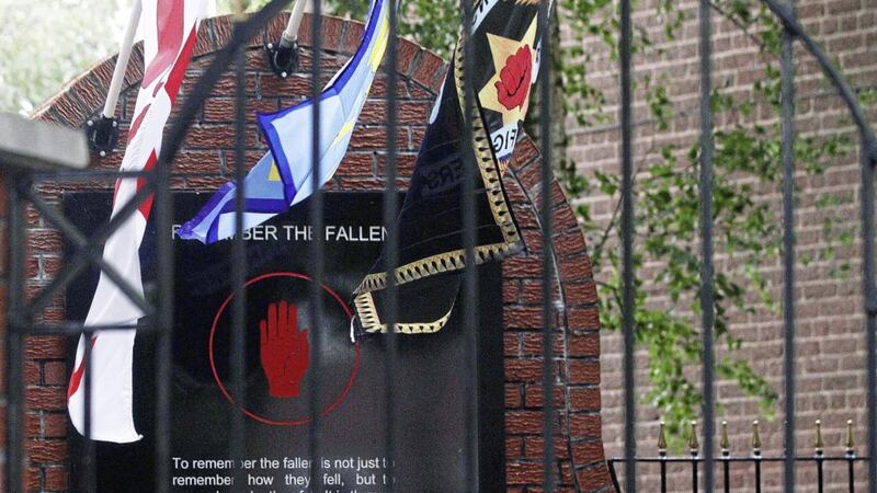 Loyalist paramilitary flags placed on a memorial on Candahar Street in south Belfast. Picture by Matt Bohill 