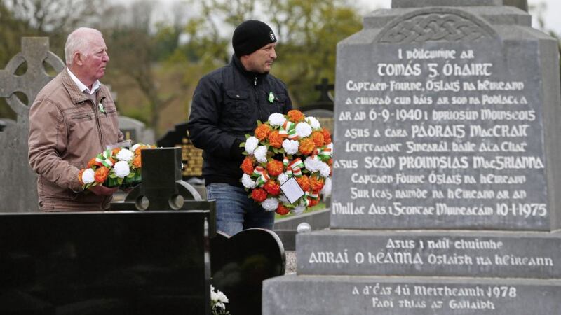 Wreaths being laid at the Republican Sinn F&eacute;in Easter commemoration in Lurgan, Co Armagh, on Saturday. Picture by Mal McCann. 