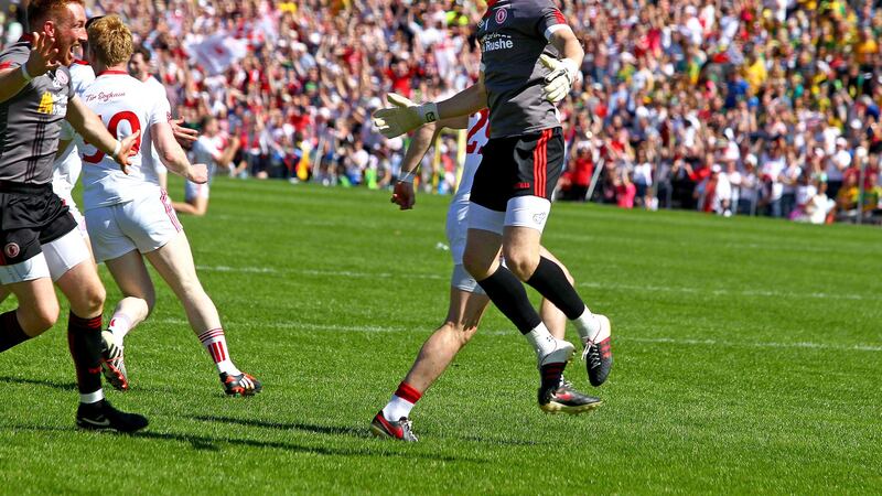 Tyrone goalkeeper Niall Morgan celebrates last Sunday's Ulster final win over Donegal at Clones<br />Picture by Seamus Loughran &nbsp;