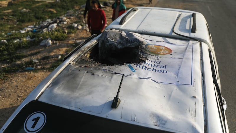 A vehicle with the logo of the World Central Kitchen wrecked by an Israeli airstrike (Ismael Abu Dayyah/AP)