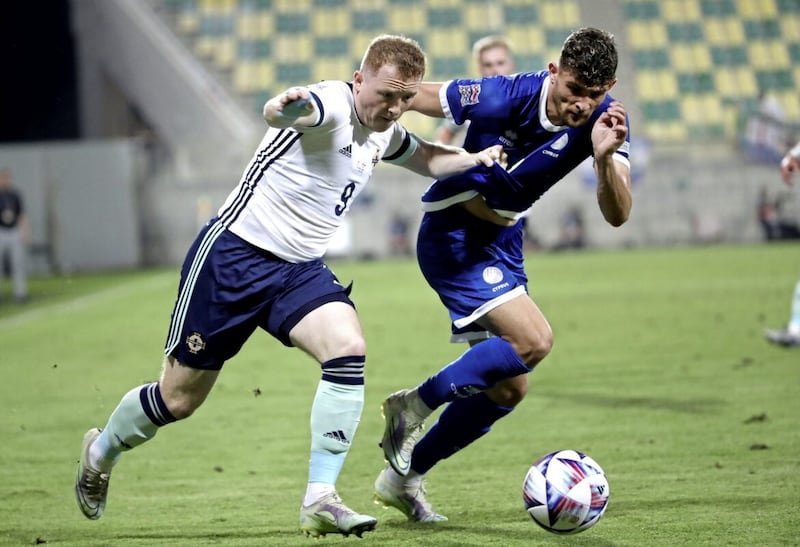 Shayne Lavery (left) playing for Northern Ireland in Cyprus. Photo by William Cherry/Presseye 