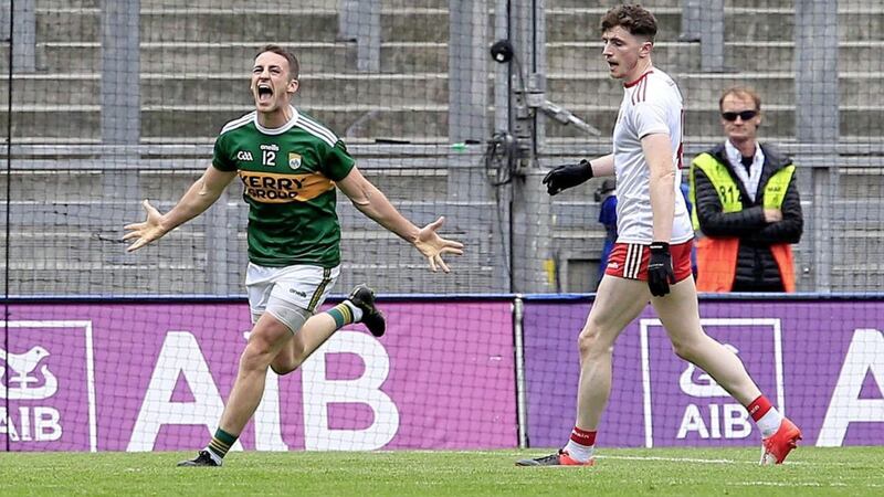 Stephen O&#39;Brien celebrates his goal in Kerry&#39;s three-point win against Tyrone in the 2019 All-Ireland semi-final. Picture by Philip Walsh. 