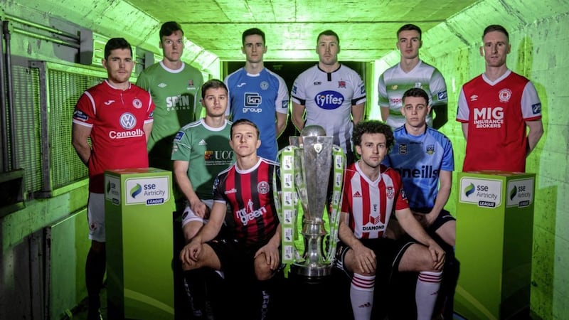 SSE Airtricity League Premier Division players, from left, Ronan Murray of Sligo Rovers, Matthew Connor of Waterford FC, Colm Horgan of Cork City, seated, Keith Buckley of Bohemians, seated, Sam Verdon of Finn Harps, Brian Gartland of Dundalk, Barry McNamee of Derry City, seated, Gary O&#39;Neill of UCD, seated, Sean Boyd of Shamrock Rovers and Ian Bermingham of St. Patrick&#39;s Athletic at the launch of the 2019 SSE Airtricity League season at the Aviva Stadium, Lansdowne Road in Dublin. Photo by Stephen McCarthy/Sportsfile 