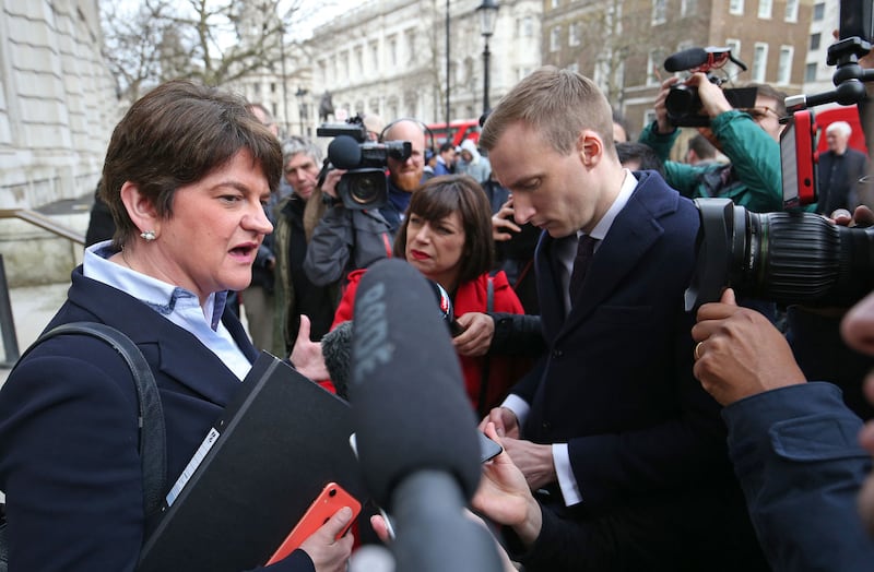 DUP leader Arlene Foster speaks to the media as she leaves the Cabinet Office in Whitehall, London, after a meeting of the Government's emergency committee Cobra to discuss coronavirus. <br />Picture by Jonathan Brady/PA Wire&nbsp;