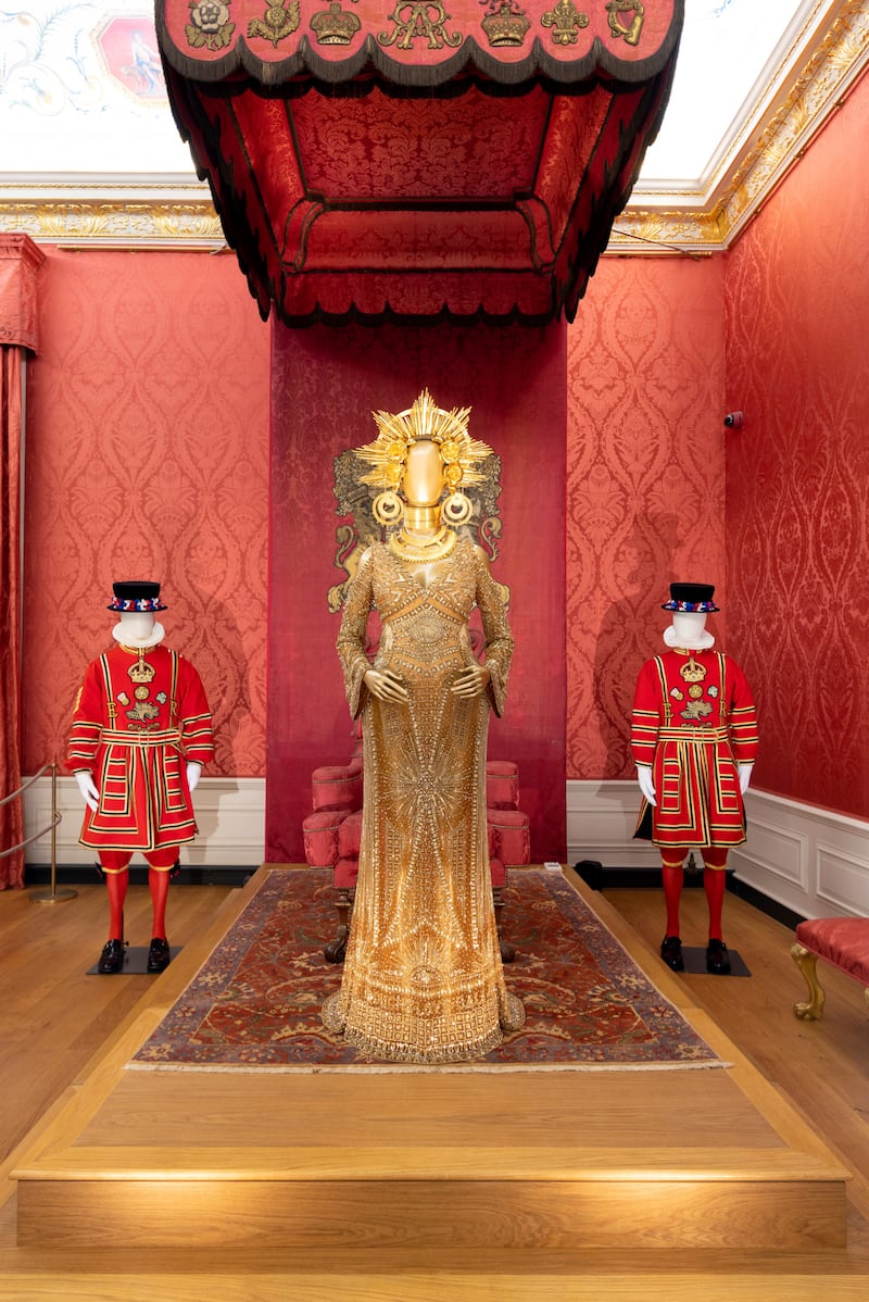 The Peter Dundas ensemble worn by Beyonce for the Grammys 2017, on display at the Crown to Couture exhibition at Kensington Palace