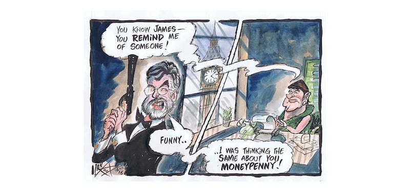 &nbsp;Gerry Adams and Arlene Foster as James Bond and Moneypenny