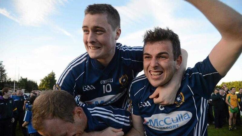 Michael Pollock, left, CJ McGourty, and Sean Burke, right, celebrate St Gall&#39;s success in the All-Ireland Football 7s Competition in 2012 